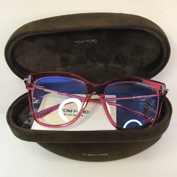 New Authentic Tom Ford FT5704-B 066 Transparent Raspberry/ Blue Block Eyeglasses - Picture 7 of 10